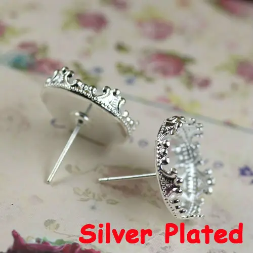 20pcs 15mm Ear Needle Antique Bronze/Silver Plated Stud Earring Crown Edge Cameo Setting Tray for DIY Jewelry Making