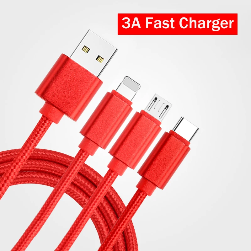 3 в 1 USB телефонный кабель для iPhone Type C Micro 3A провод быстрой зарядки Samsung Xiaomi