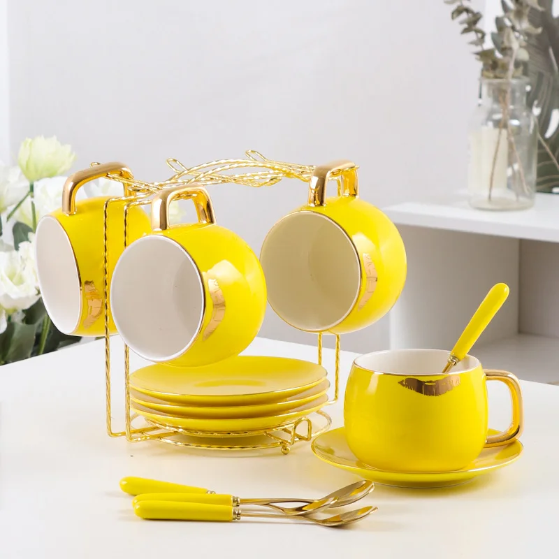 4-piece set Yellow Модный набор кофейных чашек с принтом губ, фарфоровый набор чайных чашек из костяного фарфора, Набор чашек и блюдцев, чайные вечерние стаканы, свадебные подарки - Цвет: 4-piece set Yellow
