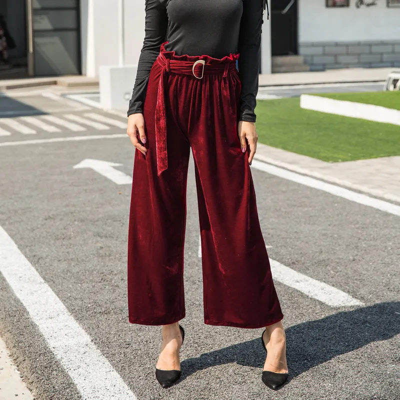Высокая талия Бархат Широкие брюки Для женщин зима-осень Повседневное свободные