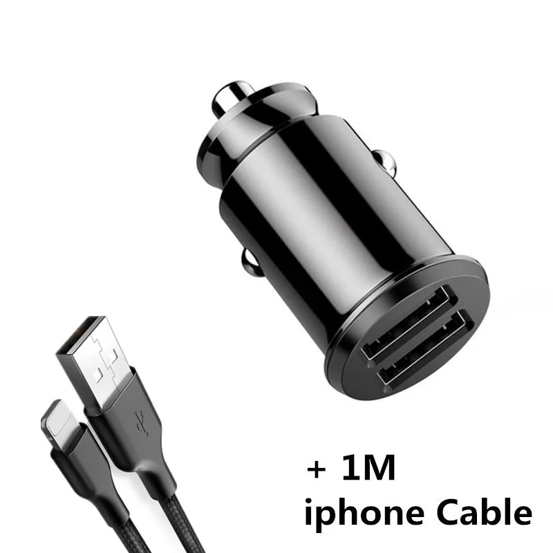 Двойной переходник USB для зарядки в машине 3.1A мини металлическое автомобильное зарядное устройство для мобильного телефона автомобильное USB зарядное устройство автоматическая зарядка 2 порта 24 вт для samsung iPhone - Тип штекера: Black  ip Cable