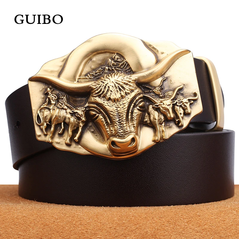 GUIBO Bull Винтаж таблички Пряжка корова пояса из натуральной кожи для мужчин