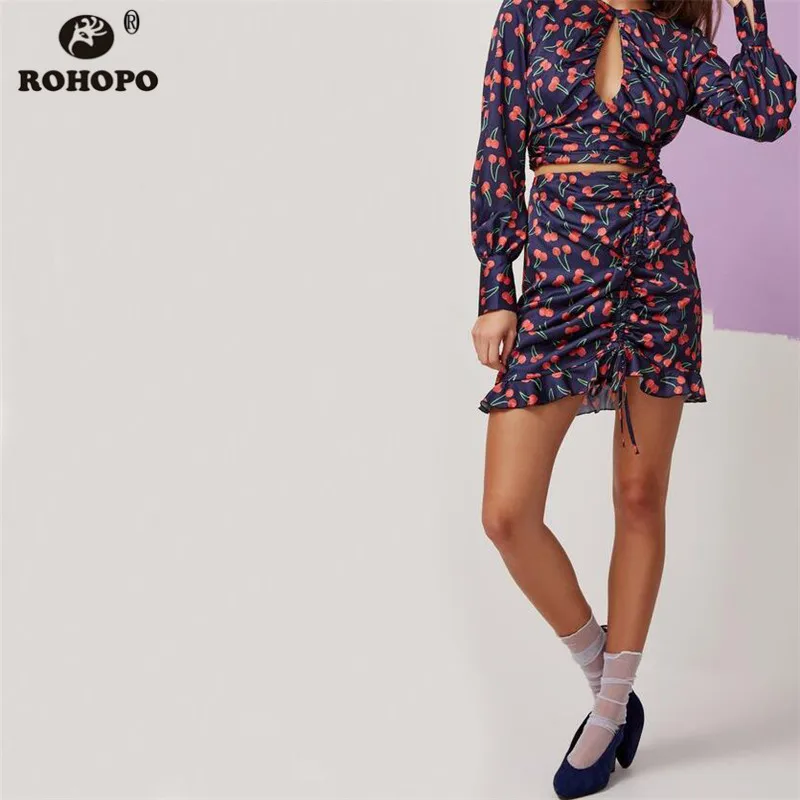 ROHOPO Женская Милая Мини-юбка с вишневыми оборками драпированная облегающая юбка