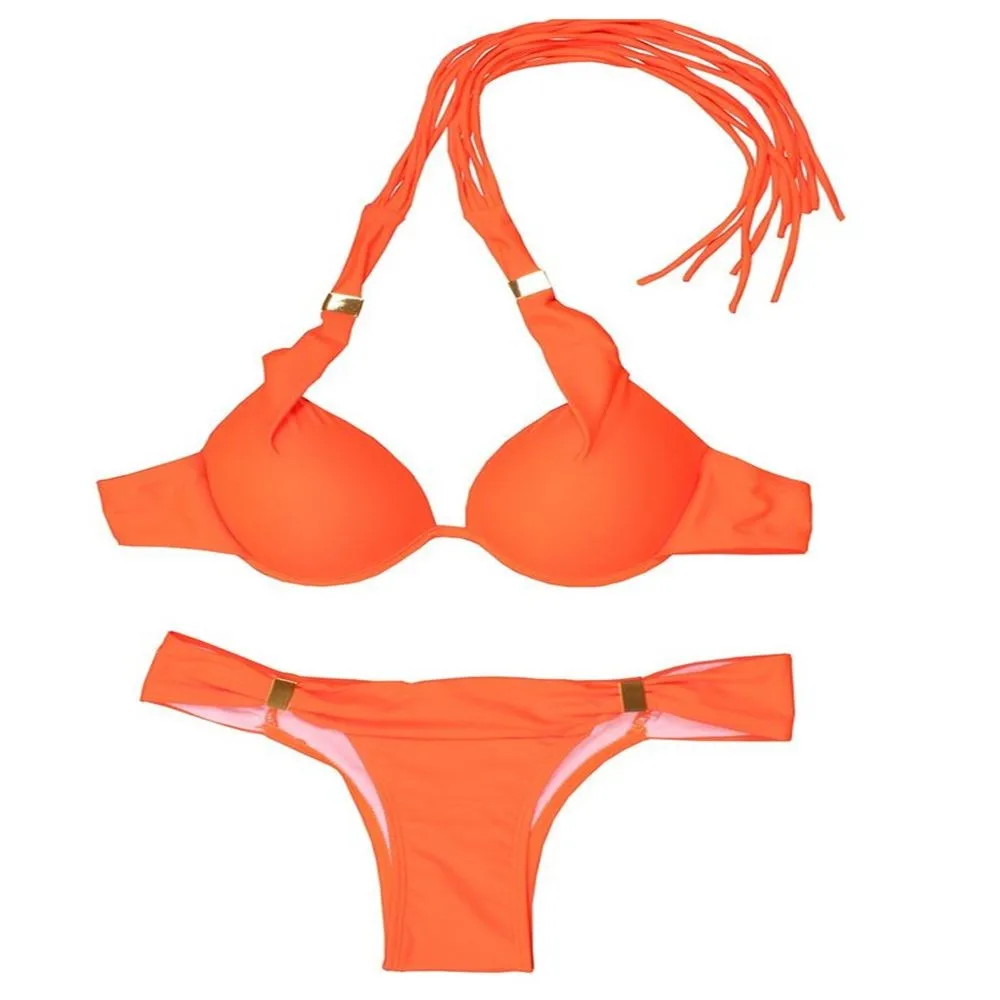 2018 New Sexy Push up Blue Orange Brazilian Tassel Bikini set Padded Women Halter Swimwear Big size Female Bathing suit |