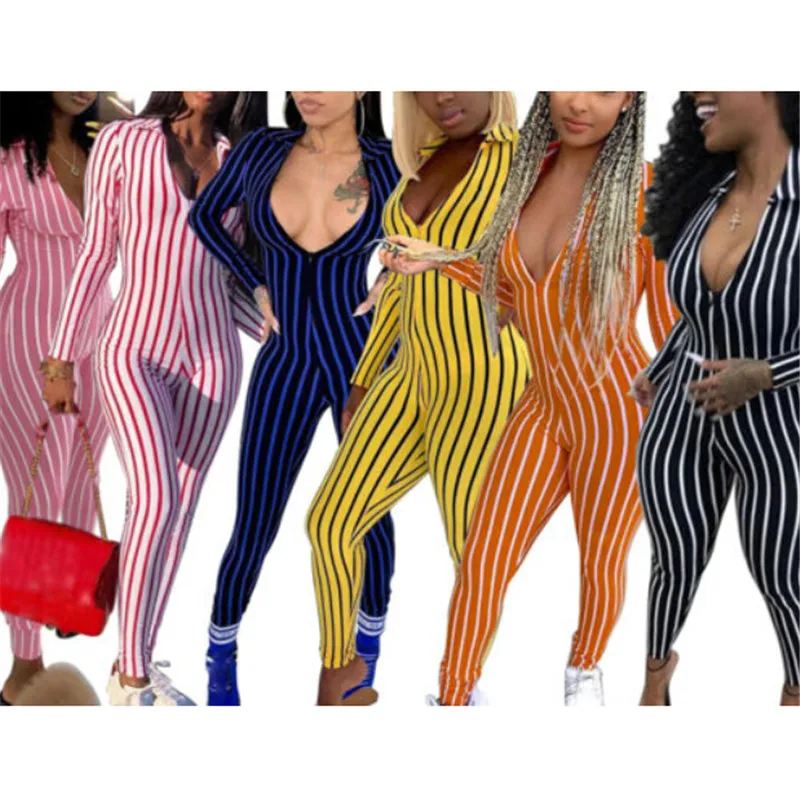 

Women Jumpsuit Sexy Ladies Jumpsuits Party Rompers Striped Jumpsuit Women Fall V-neck Long Sleeve Romper Skinny Rompers Trousers