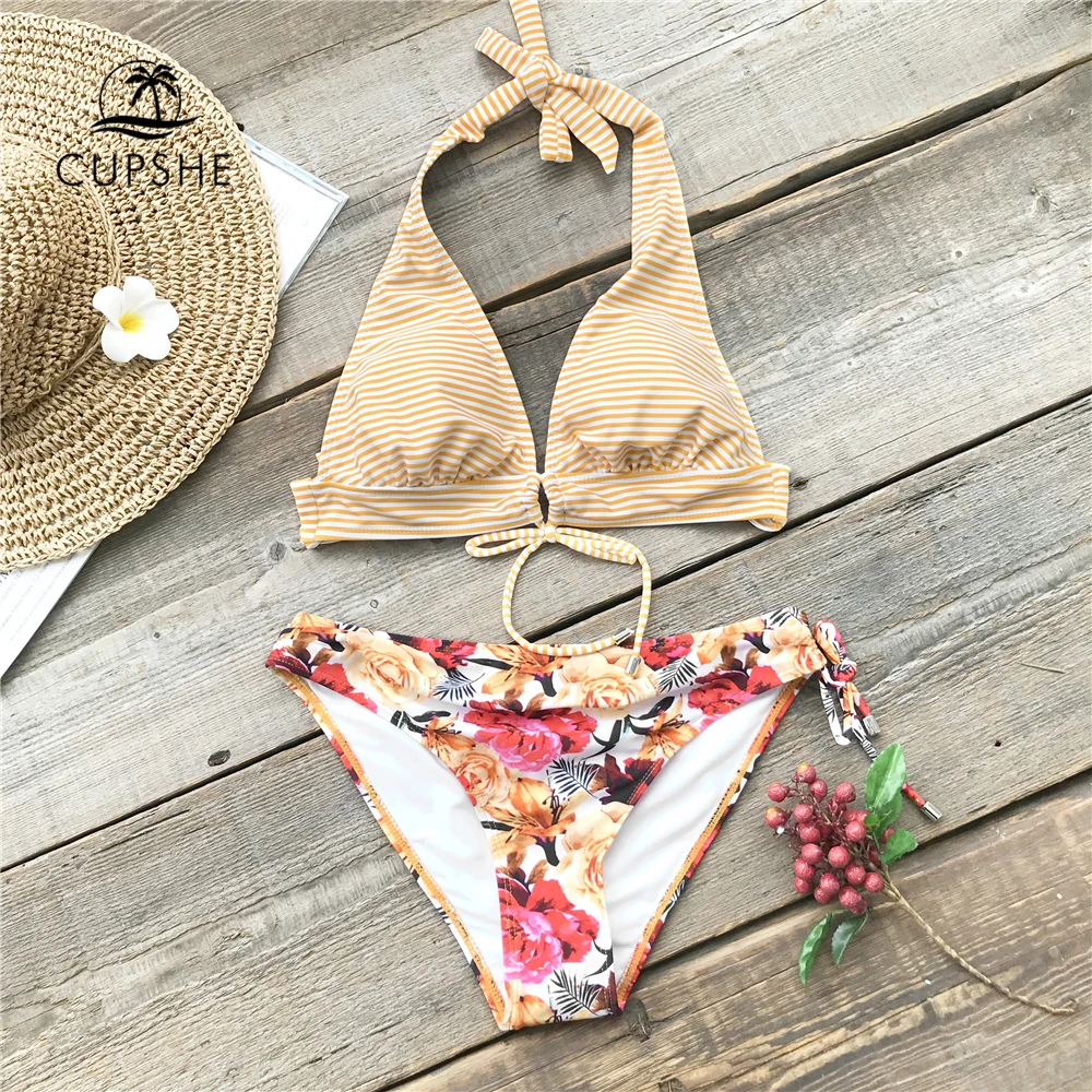 CUPSHE с цветочным принтом и в полоску узел бантиком комплект бикини на бретельках