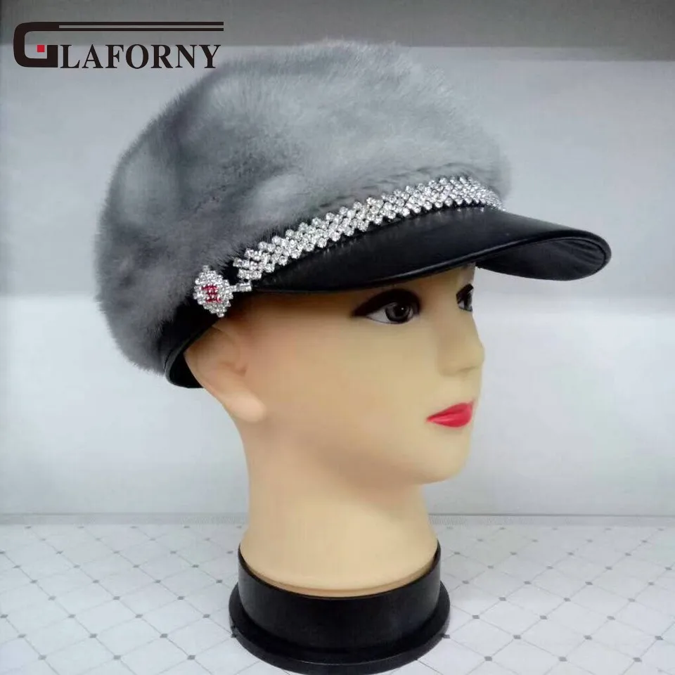 Glaforny, зимние меховые шапки, женская шапка из меха норки с бриллиантами,, модные козырьки из овчины, женская брендовая меховая шапка, хорошее качество