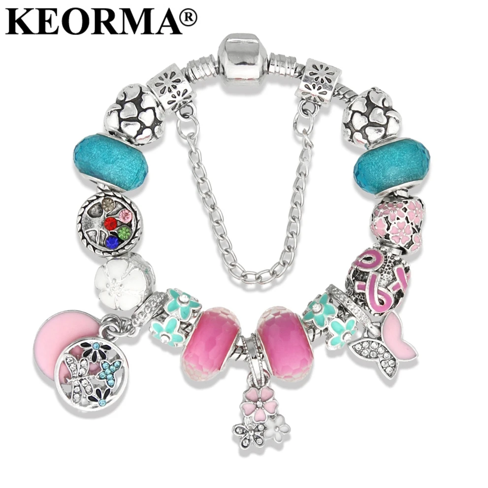 Женские браслеты шармы KEORMA браслет из розовой ленты с цветами и бабочками