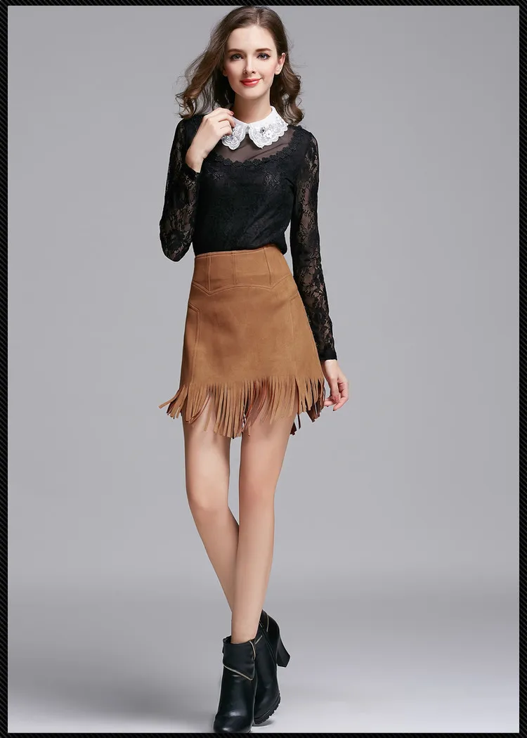 Нерегулярные кисточкой однотонные замшевые юбка Высокая талия тонкие линии юбки