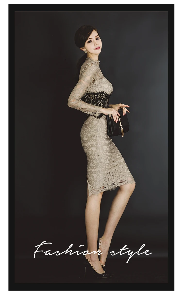 Высокое качество пружинная подставка шеи длинный рукав кружева Vestidos Высокая талия карандаш облегающее, сексуальное, вечернее платье