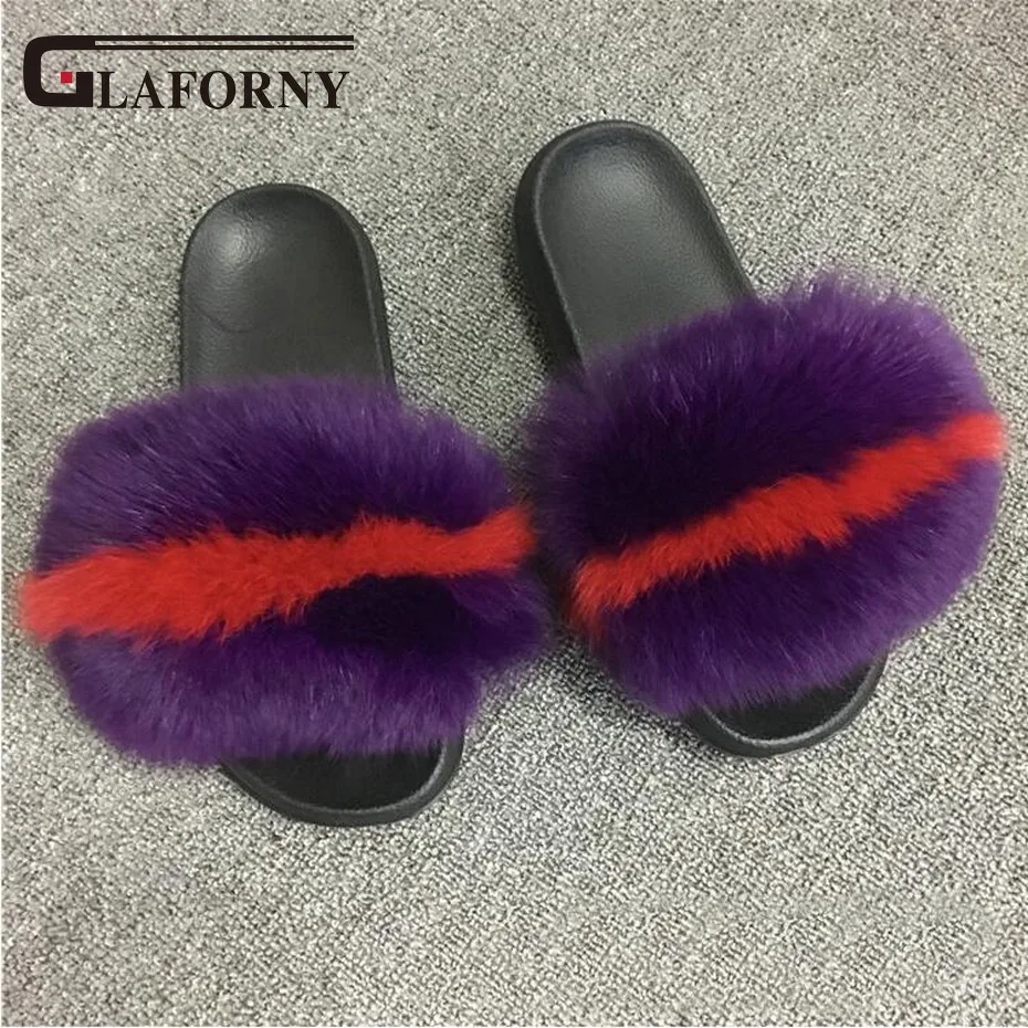 Glaforny/2018 женские модные шлепанцы с лисьим мехом сезон осень Разноцветные меховые