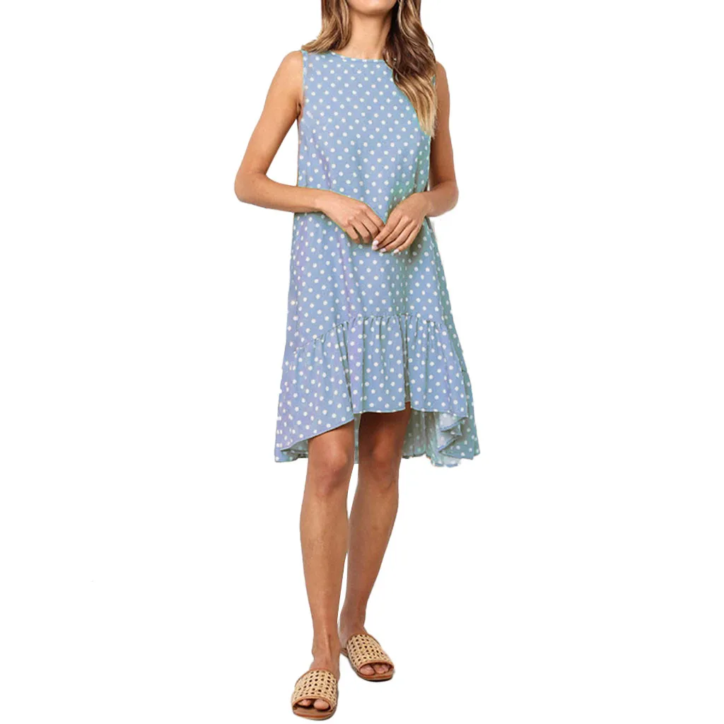 SAGACE Women Dresses Dot 2019 Fashion O Neck Sleeveless Ruffles Polka Loose Large Ruffled Mini Dress female Vestidos | Женская одежда