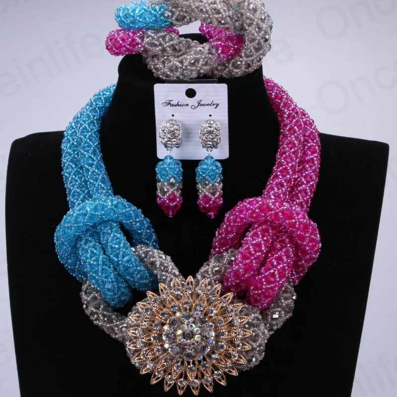 Blue Fuchsia Silver Owl Design African Beads Fashion Jewelry Set Crystals Nigerian Wedding Necklace And Earrings | Украшения и