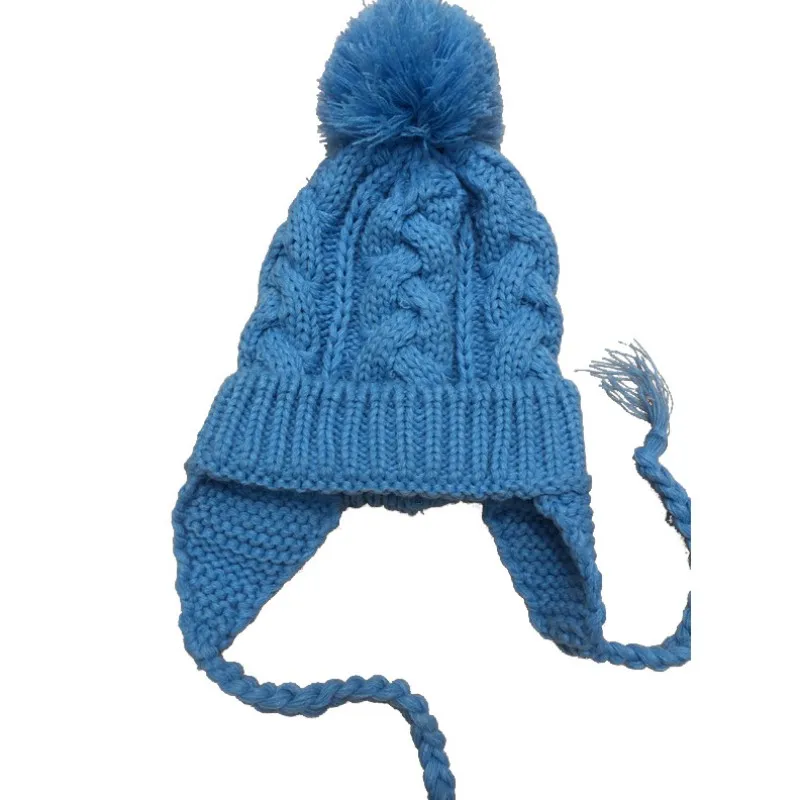 Blue Зимняя детская шапка, Вязаная хлопковая шерстяная шапка для маленьких детей, детская шапочка с ушками, плотная мягкая теплая шапка, шерстяные шапки с украшением в виде шариков - Цвет: Blue