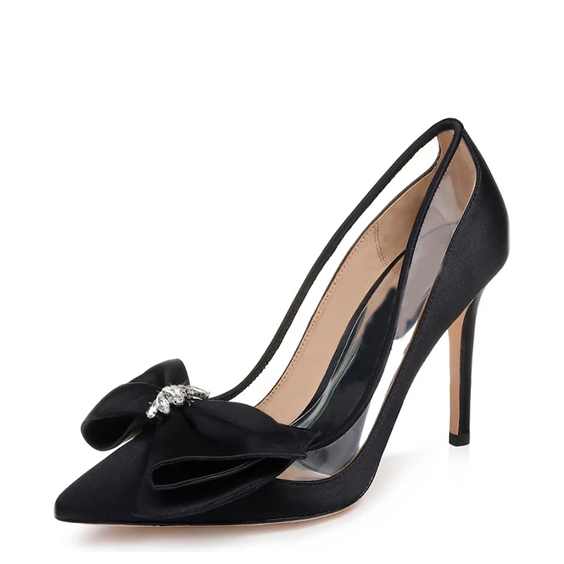 Туфли-лодочки женские с заостренным носком и бантиком-бабочкой на высоком тонком