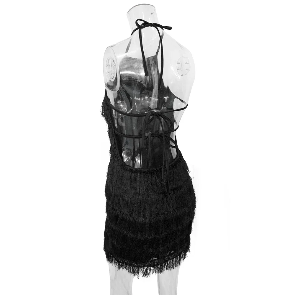 

Newest Fashion Black Tassel Women Dress Summer Sexy Backless Halter Sleeveless Mini Night Out Party Dresses Vestidos Wholesale