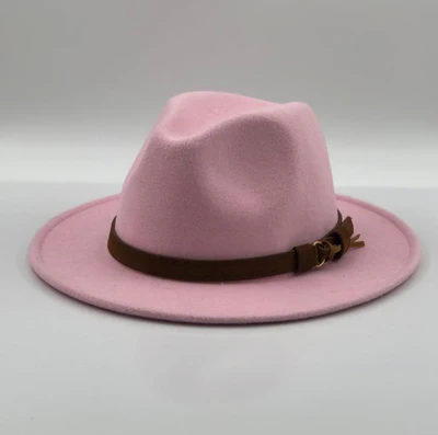 Pink Лист фетровая шляпа Мужские фетровые шляпы с поясом Для женщин Винтаж шляпы Трилби шерстяная шляпа теплая джаз шапка Femme feutre Panaman - Цвет: Pink