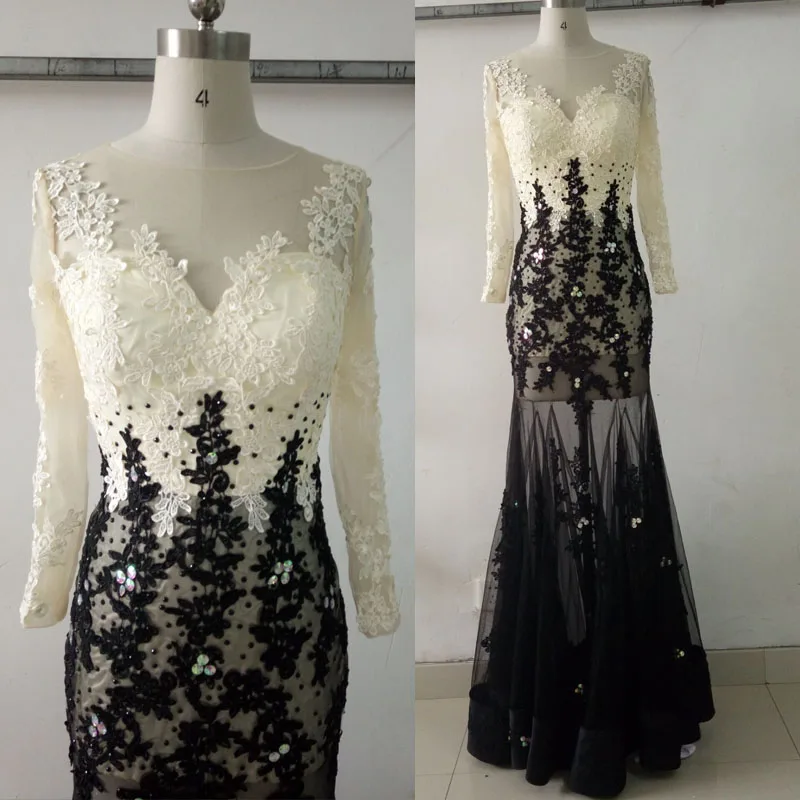 Robe De Soiree Real Picture Mermaid Evening Dress 2019 Long Sleeve White And Black Tulle Appliques Beading Vestido Longo | Свадьбы и