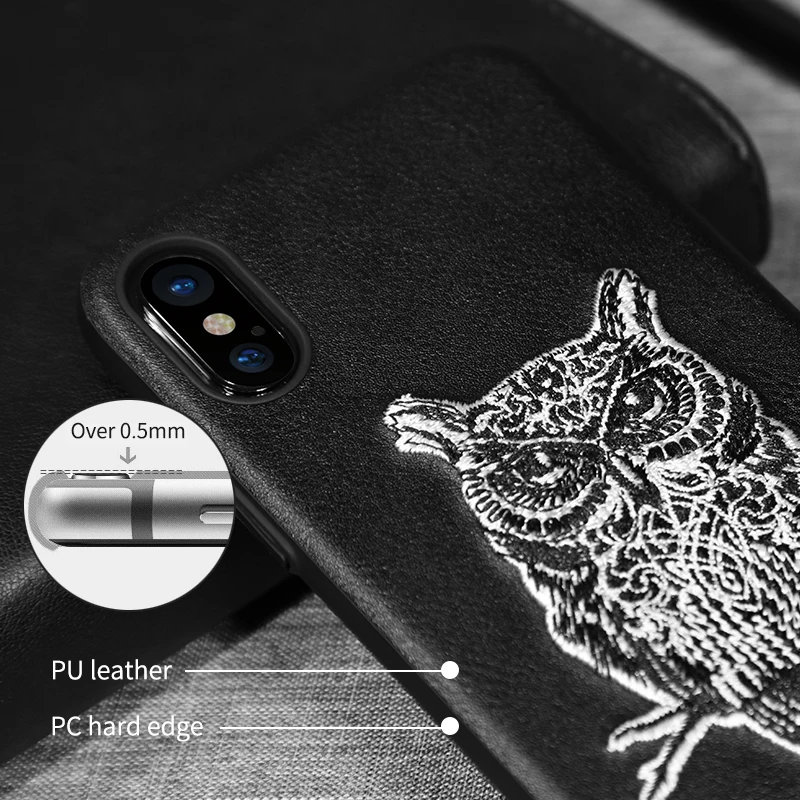Тонкий кожаный чехол для iPhone X 3D роскошный ручной работы с вышивкой жесткий
