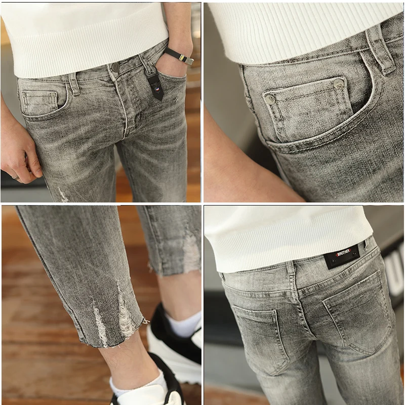 Новинка Весна 2019 мужские джинсовые брюки 9 точек приталенные с дырками