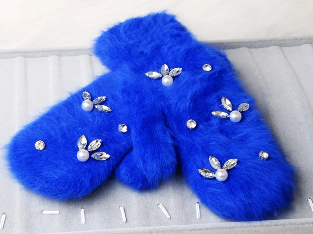 Зимние перчатки Стразы с жемчугом из кроличьего меха перчатки для женщин двойные теплые уличные меховые женские перчатки митенки