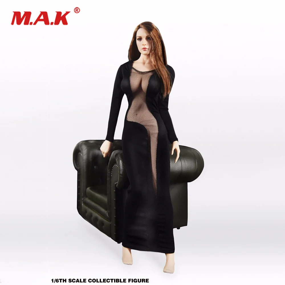 

1/6, аксессуары для фигурок, сексуальное женское черное платье с вырезами, одежда, длинная рубашка для тела с большой грудью 1:6
