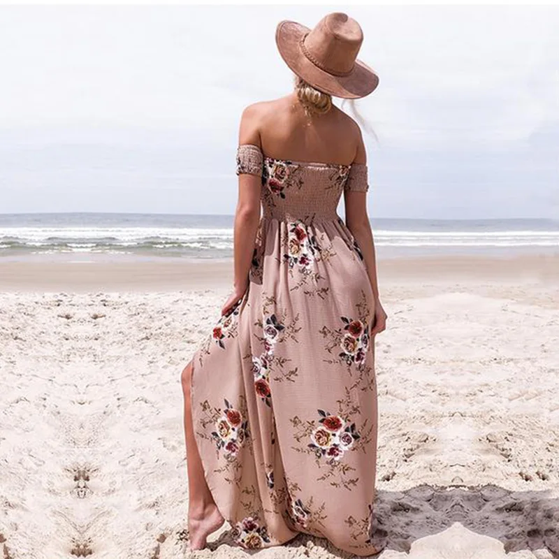 Женское шифоновое длинное платье с цветочным принтом и открытыми плечами