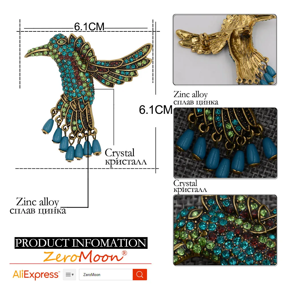 Колибри античный Кристалл Стразы птица брошь металлическая подвеска