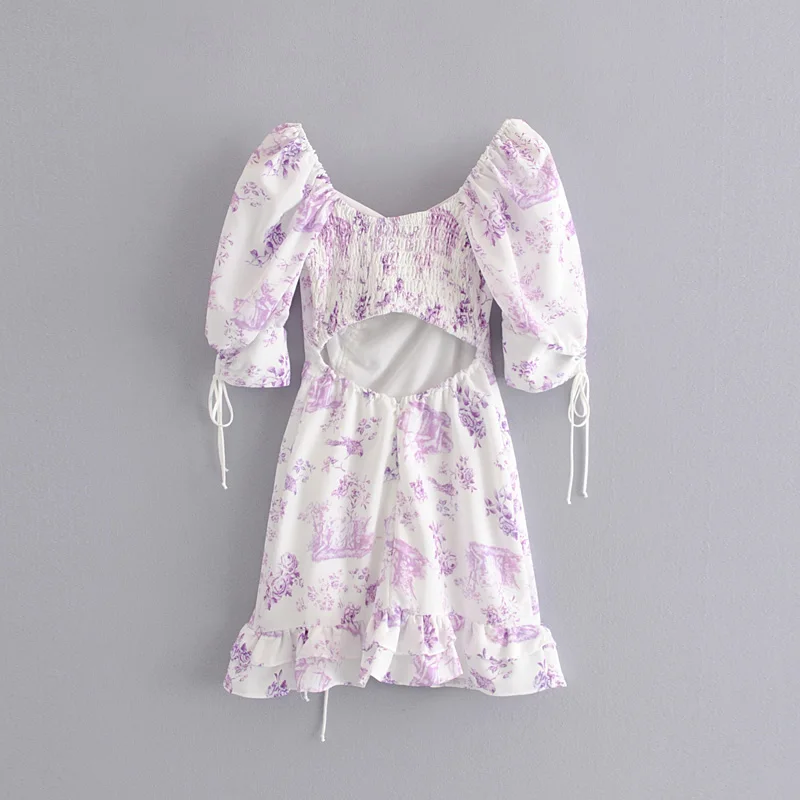 Стильное шикарное фиолетовое мини платье с цветочным принтом на завязках