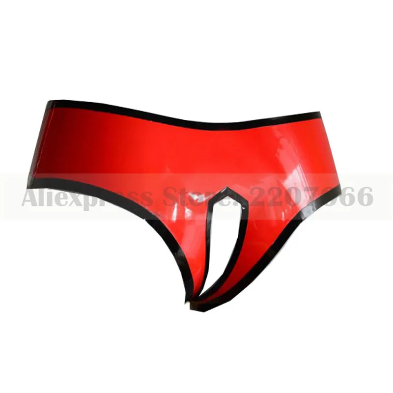 

Red and black strips women latex rubber shorts female lower waist panties knickers with crotch opened RPW062