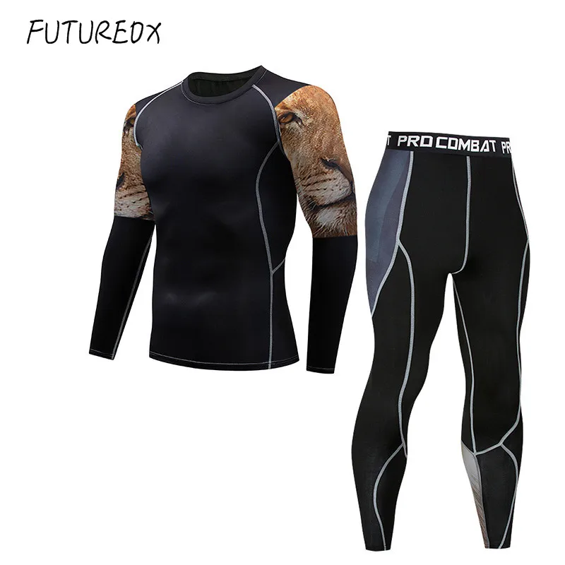 

New men's lion head fitness bodybuilding MMA thermal underwear Long Johns Lycra compression shirt quick-drying men's suit jacket