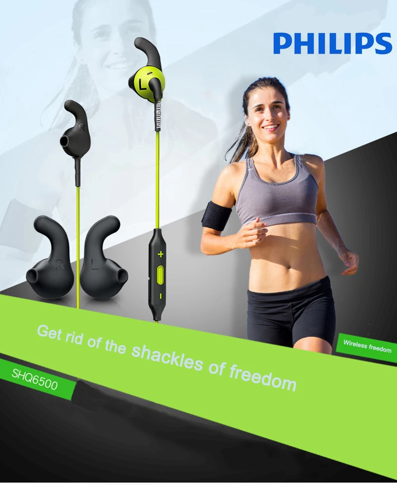 Philips SHQ6500 Оригинальные Bluetooth беспроводные наушники спортивные водонепроницаемые наушники с микрофоном для телефона и музыки официальный тест