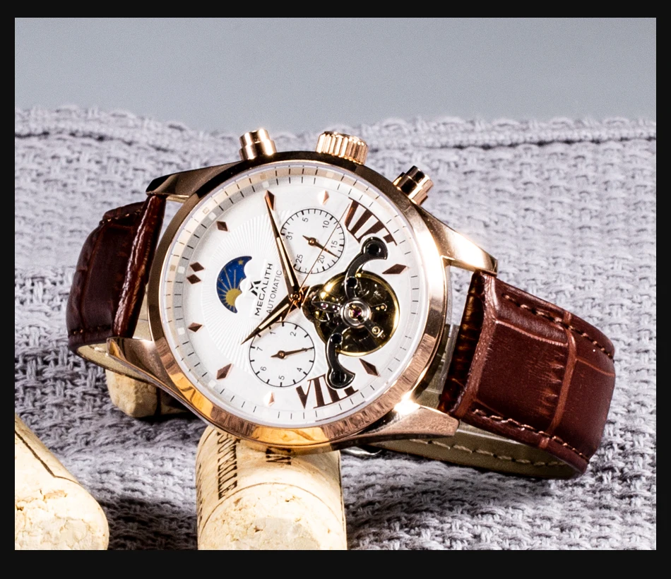 MEGALITH Мужские автоматические механические наручные часы tourbillon кожаные повседневные деловые часы ретро мужские спортивные наручные часы Relojes Hombre