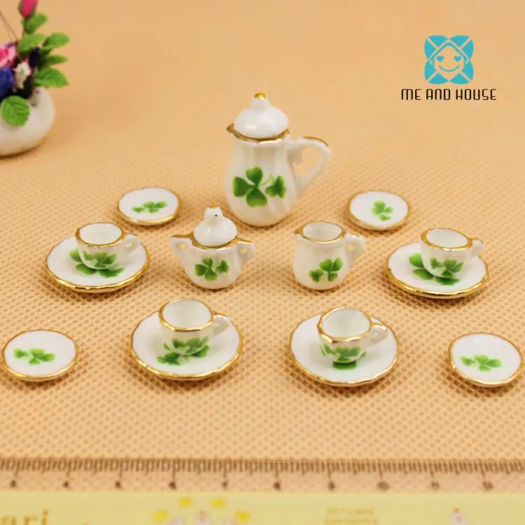 Clover Я и дом 1: 12 весы кукольный домик кухня миниатюрный Клевер фарфор мини чайный китайский набор - Цвет: Clover