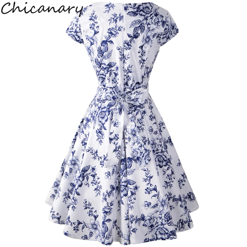 Chicanary Floral принт Для женщин 1950 s Винтаж Платья с коротким рукавом танцев хлопковое