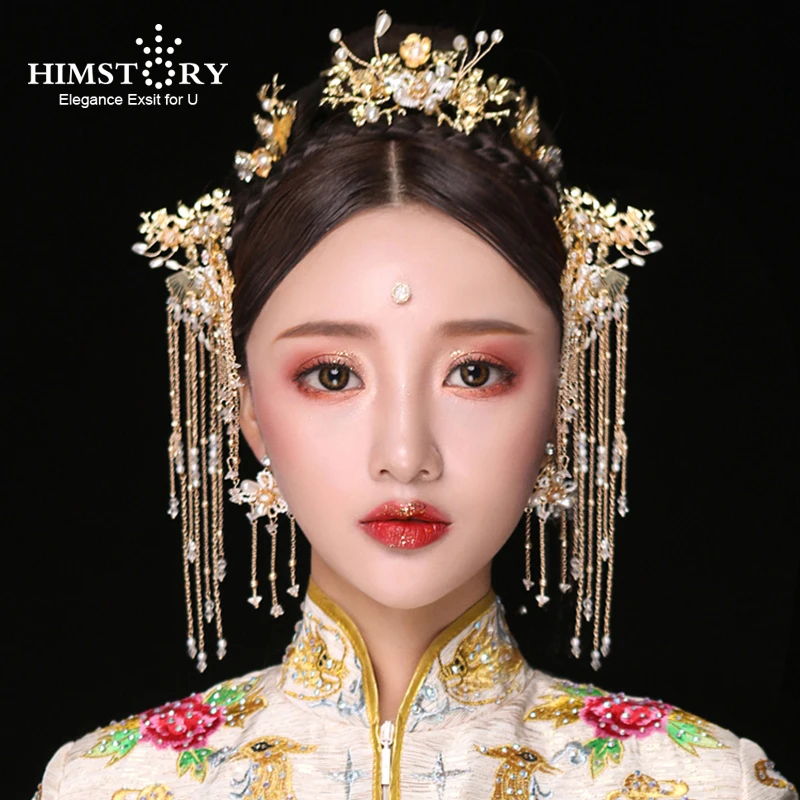 HIMSTORY роскошный винтажный Китайский Свадебный костюм для волос Золотая шпилька