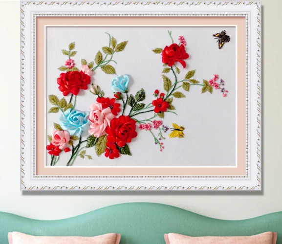 

50x40cm Flower rose rugosae Ribbon embroidery kit stain painting set handcraft kit DIY handmade needlework art home decor