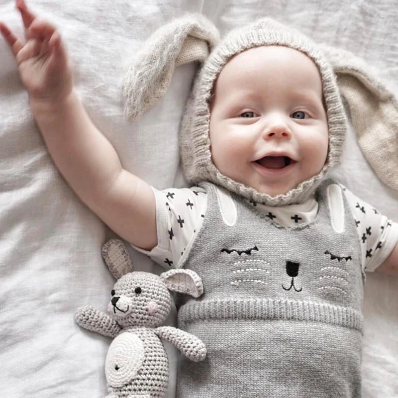 TinyPeople/; милый вязаный детский комбинезон с кроликом; комбинезон в клетку на лямках; зимняя одежда для мальчиков; комбинезон для девочек; детский ползунок комбинезон