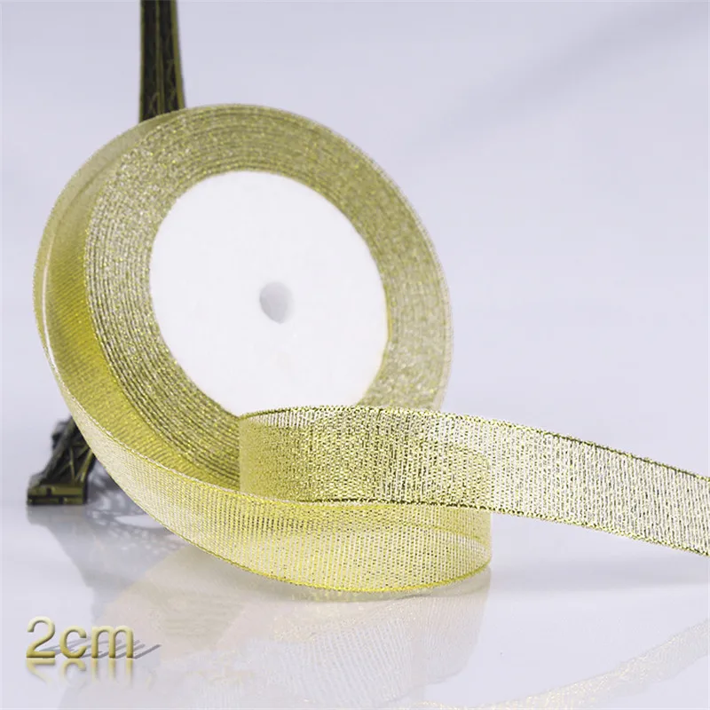 Gold 2CM Золотая/Серебряная лента из органзы ширина 6-50 мм блестящая вышитая лента с луком для Свадебные поделки «сделай сам» принадлежности для украшения торта - Цвет: Gold 2CM