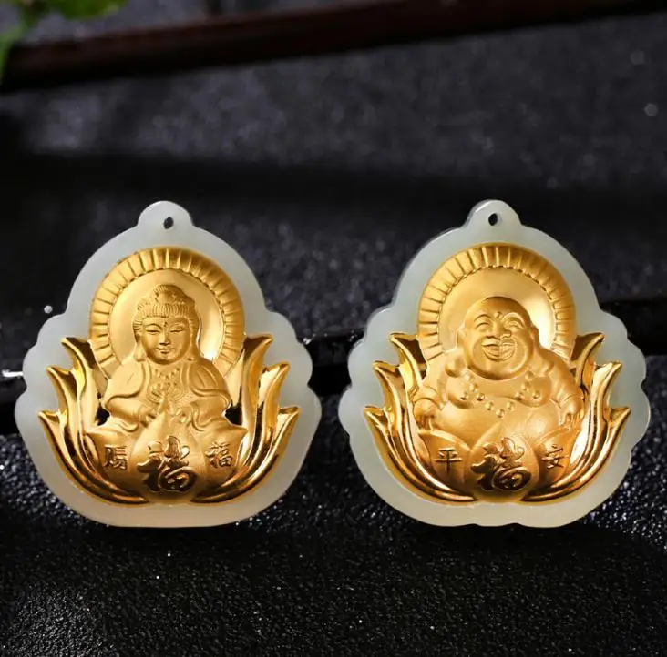 Изысканный Hetian jade 3D Золотой пламя Гуаньинь Будда Кулон h14 #|Подвески| |
