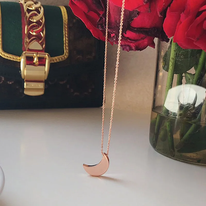Luxury Simple Sweet Cute Rose Gold Coated Solid Moon Pendant Choker Necklace for Women Girls Wedding Party Charm Jewelry | Украшения и