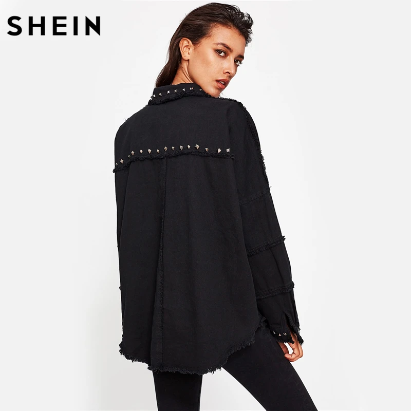 SHEIN Модная Джинсовая Куртка С Заклепками Женская Черная Демисезонная Куртка С Длинным Рукавом