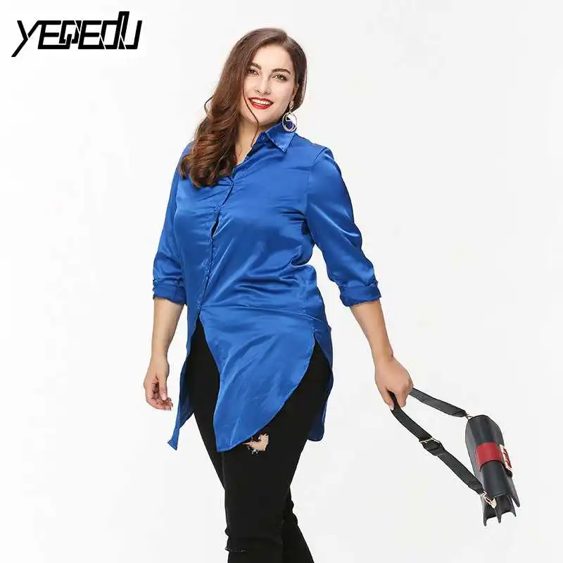 #1209 Blouses 2018 Spring Blue Tie Embroidery shirt women Sexy Loose Long sleeve Ruffle top Bright Embroidered blouse Asymmetric |