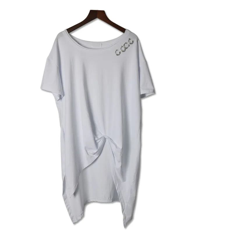 Solid High Low Top Summer New Style O Neck Short Sleeve Fashion T shirts Rivet Irregular hem women tops lady Vintage t shirt | Женская
