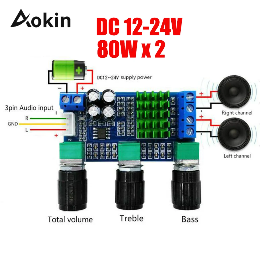 

TPA3116D2 amplifier DC 12V 24V 80W x2 Dual channel Digital Audio TPA3116D2 Treble Bass Regulating Preset Pre amplifier Board