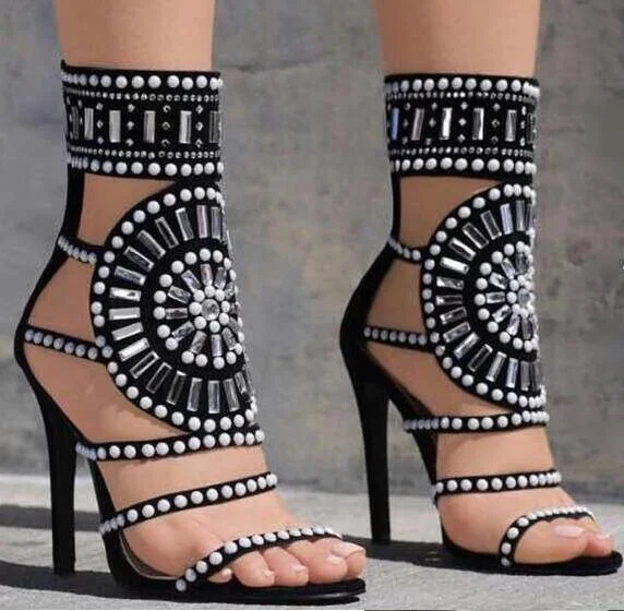 

New Arrivals 2017 Summer White Rivets Studded High Heel Sandal for Women Cut-out Crystal Embellished Gladiator Sandals Sexy Shoe