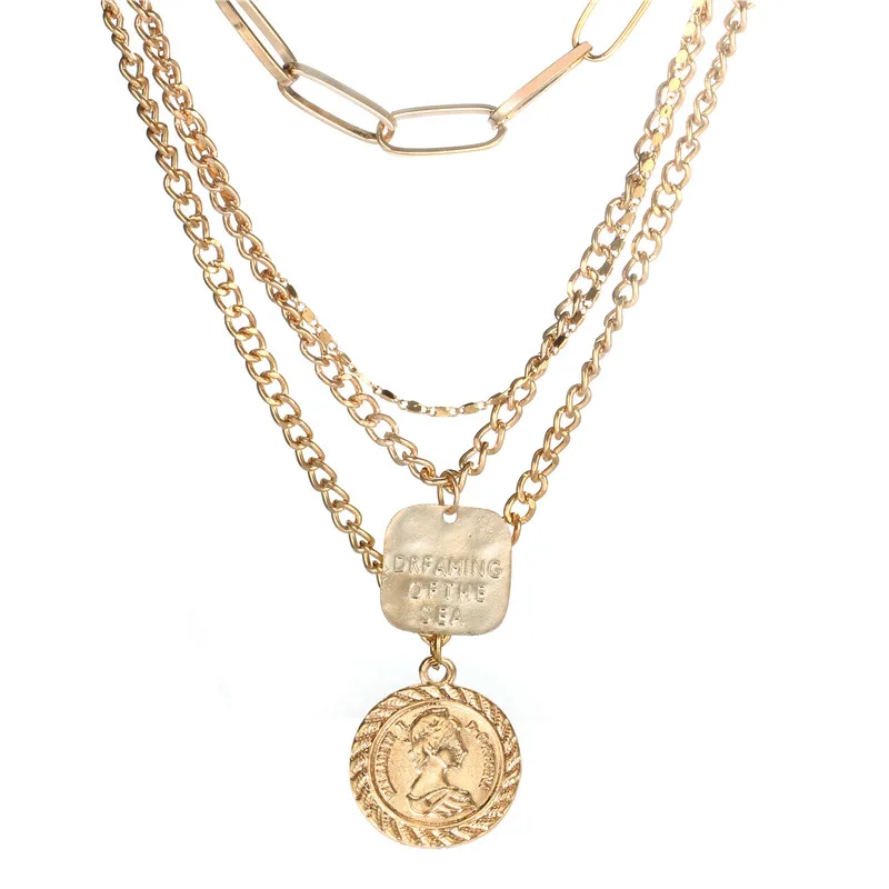 Docona Ретро золото Цвет металла слоистых ожерелья для женщин панковские