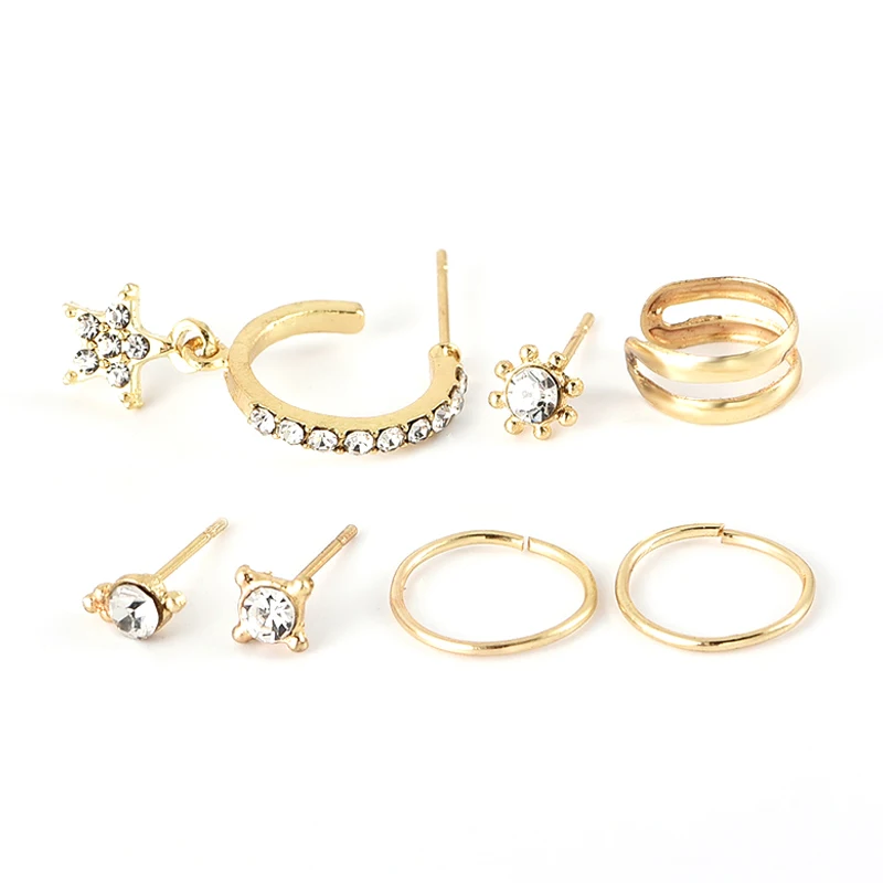7 Pcs/Set Female Exquisite Pentagram Star Sun Flower Round Gold Pendant Earrings Set Fashion Shiny Crystal Party | Украшения и