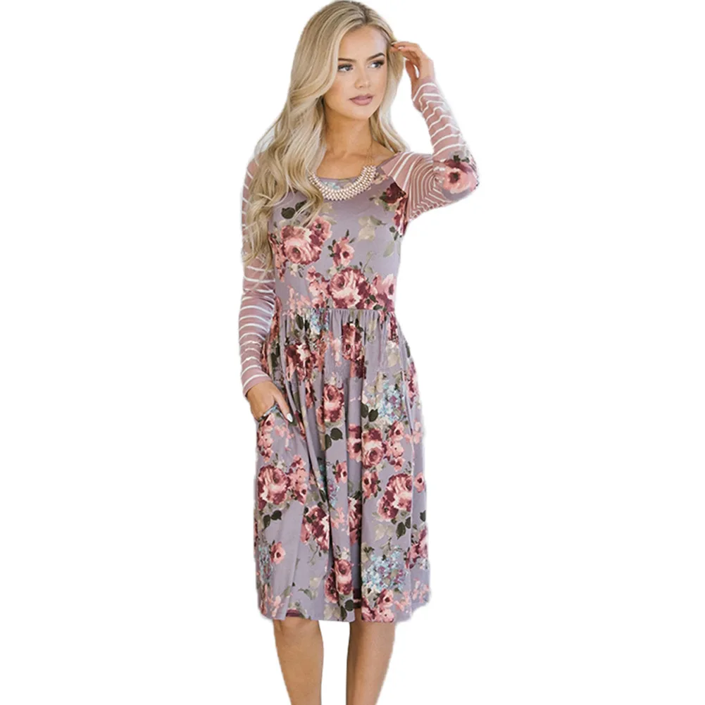 Весеннее Осеннее и зимнее Новое Женское платье в полоску с круглым вырезом