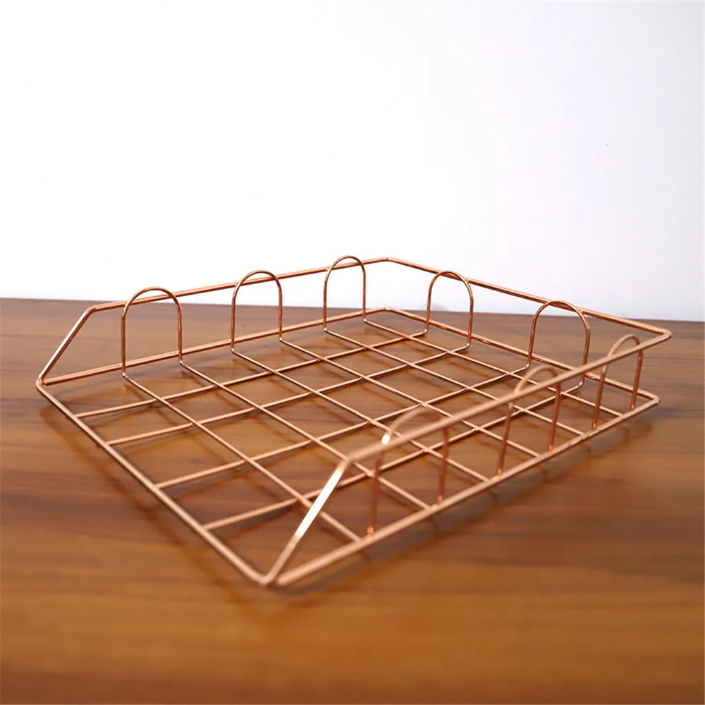 Rose Gold Скандинавские розовые золотые металлические штабелируемые корзины для хранения, офисные настольные А4 бумажные отделочные корзины, журнал, новости, бумажный органайзер, рама, стойка - Цвет: Rose Gold
